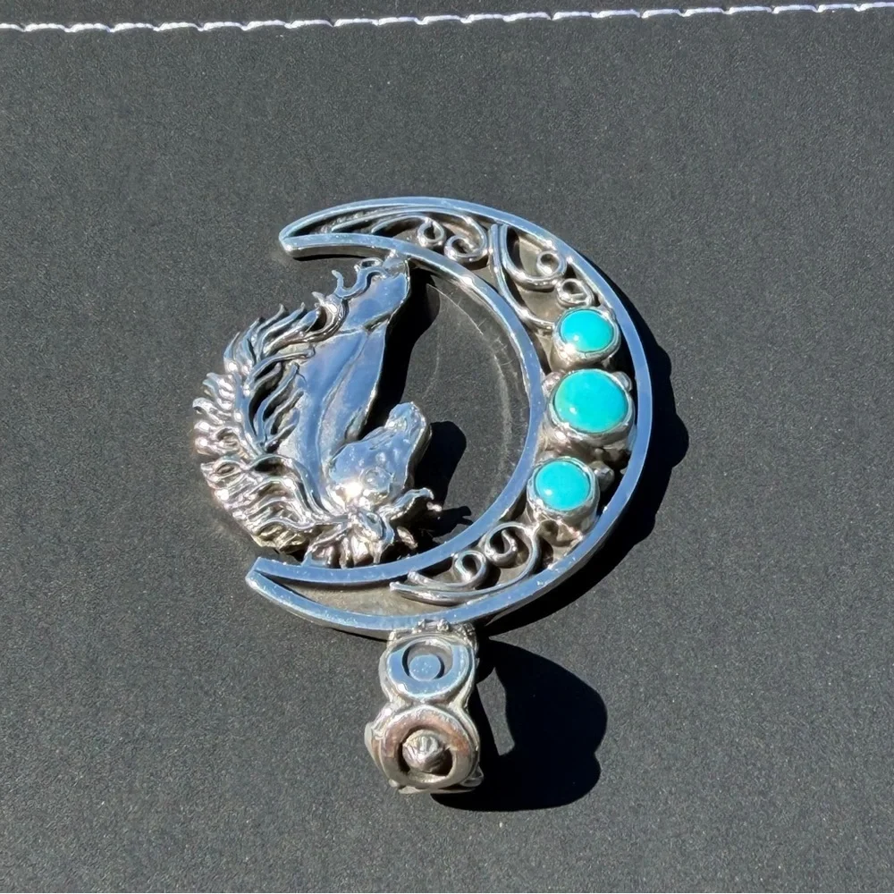 Jennifer Cayaditto Signed Sterling Silver Triple Turquoise Moon & Horse Pendant